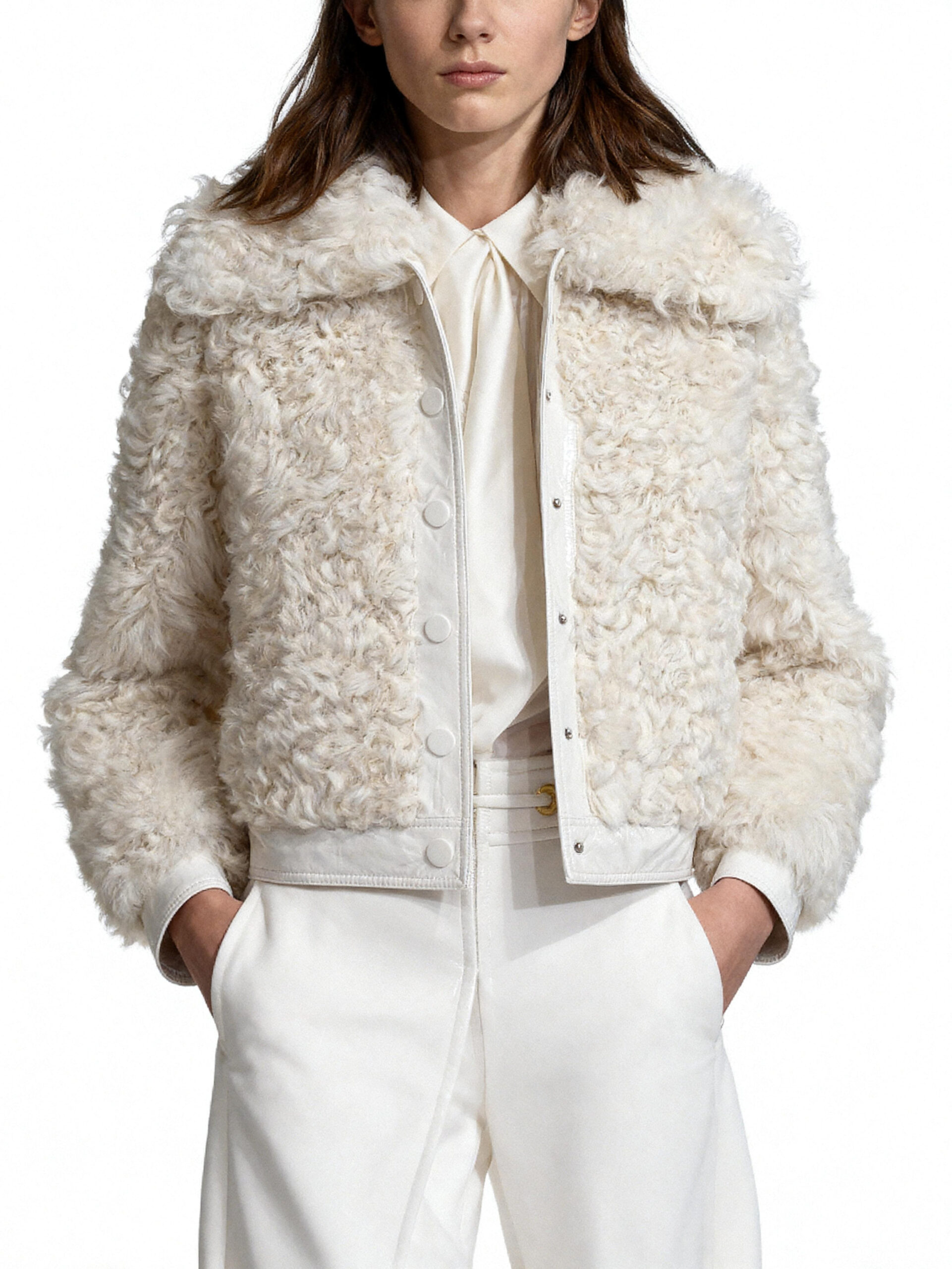 Cream Faux Shearling Cropped Jacket – Elegant Office Outerwear — image 3