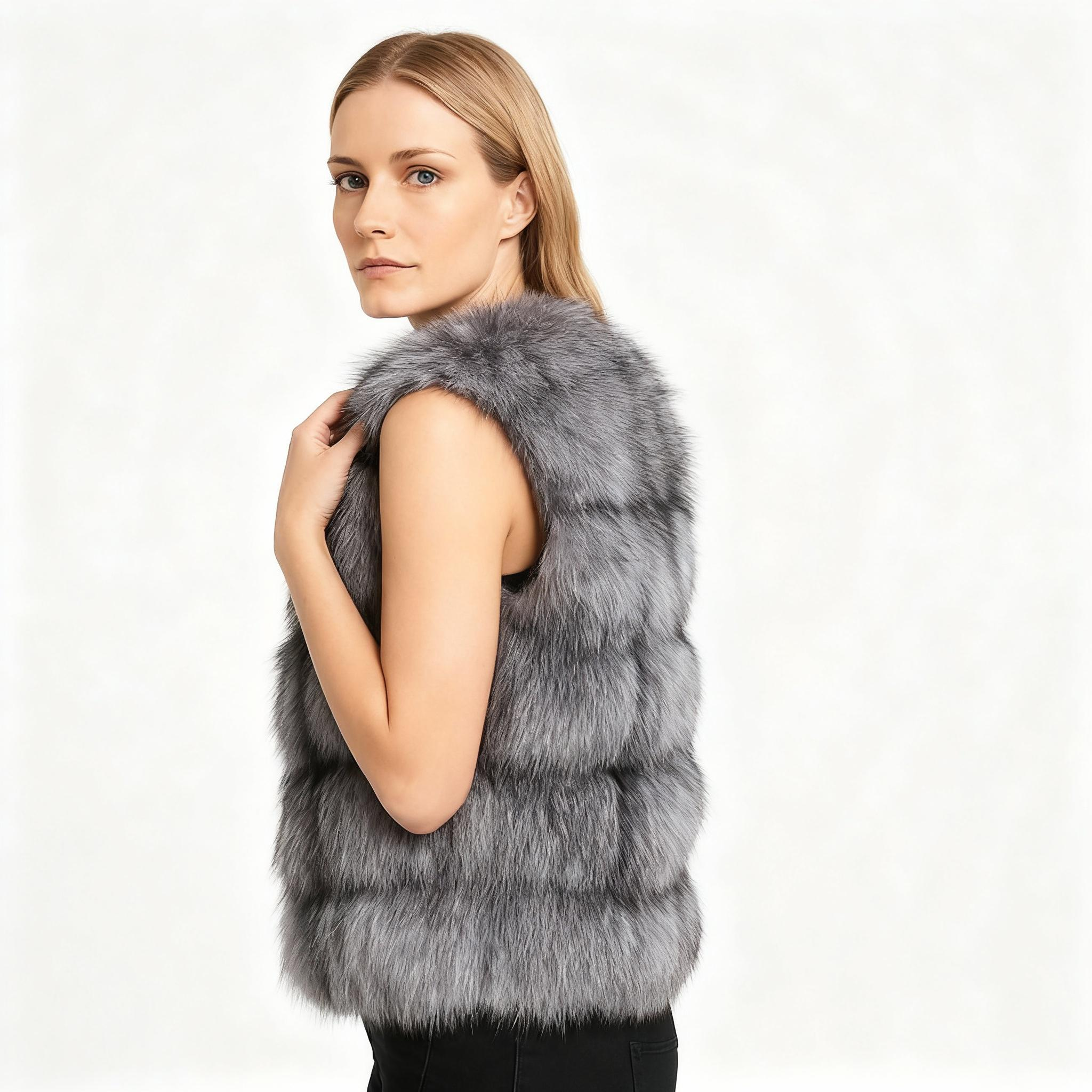 Real Silver Fox Fur Vest – Sleek Sleeveless Winter Luxury — image 4