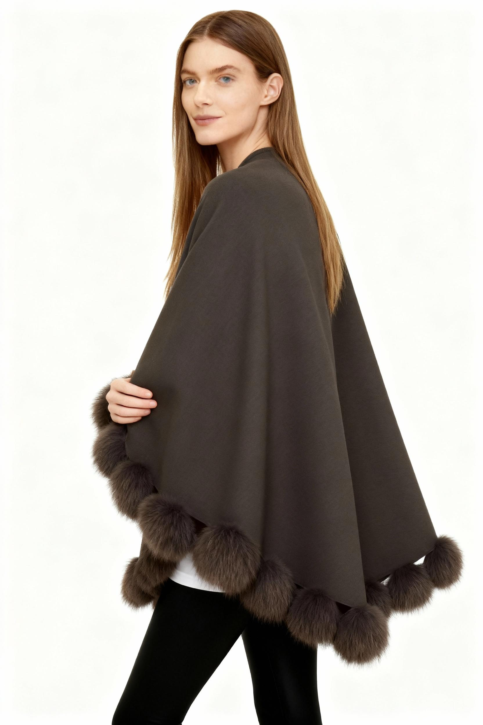 Wool Cloak Shawl with Real Fox Fur Pom-Poms — image 2