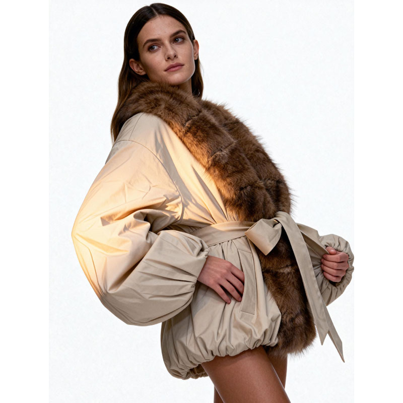 Champagne Down Jacket with Faux Fur Shawl Collar — image 2