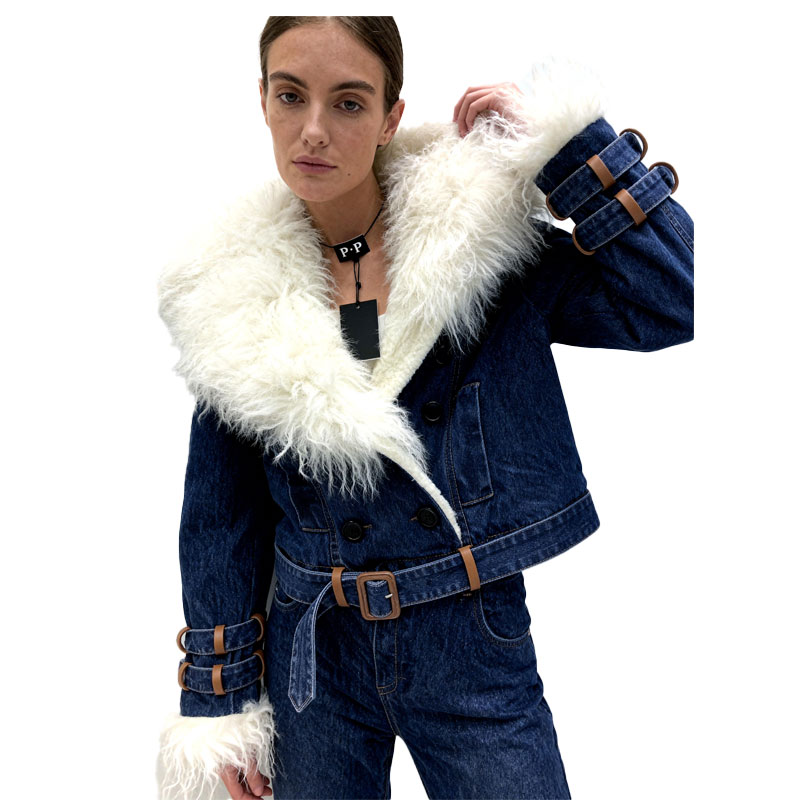 Cropped Denim Aviator Jacket with Luxe White Faux Fur Trim — image 2