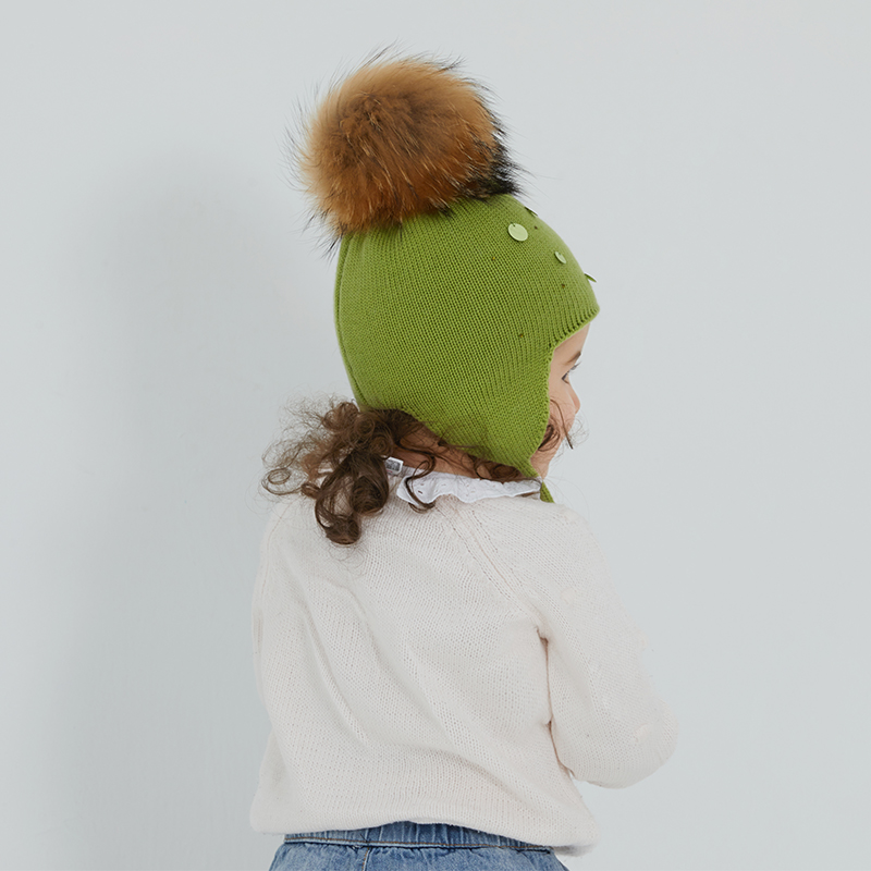 Knit Kids Earflap Hat with Genuine Raccoon Fur Pom – Winter Sparkle for Little Trendsetters — image 4