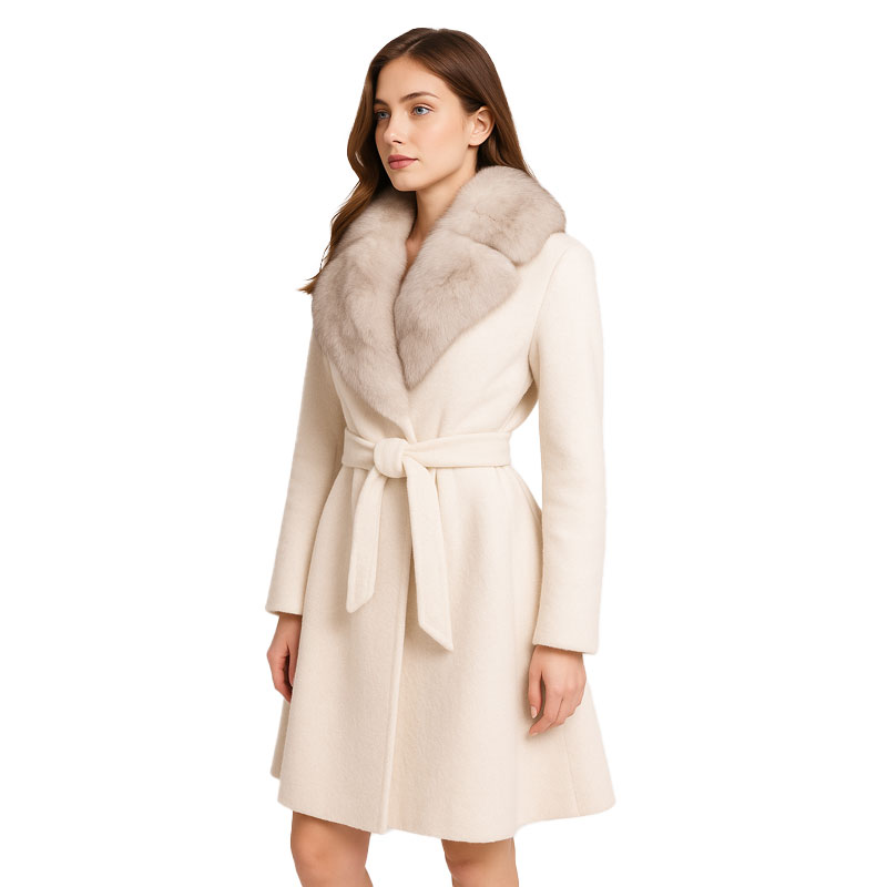 Elegant Wool Trench Coat with Plush Fox Fur Collar Trim — image 4