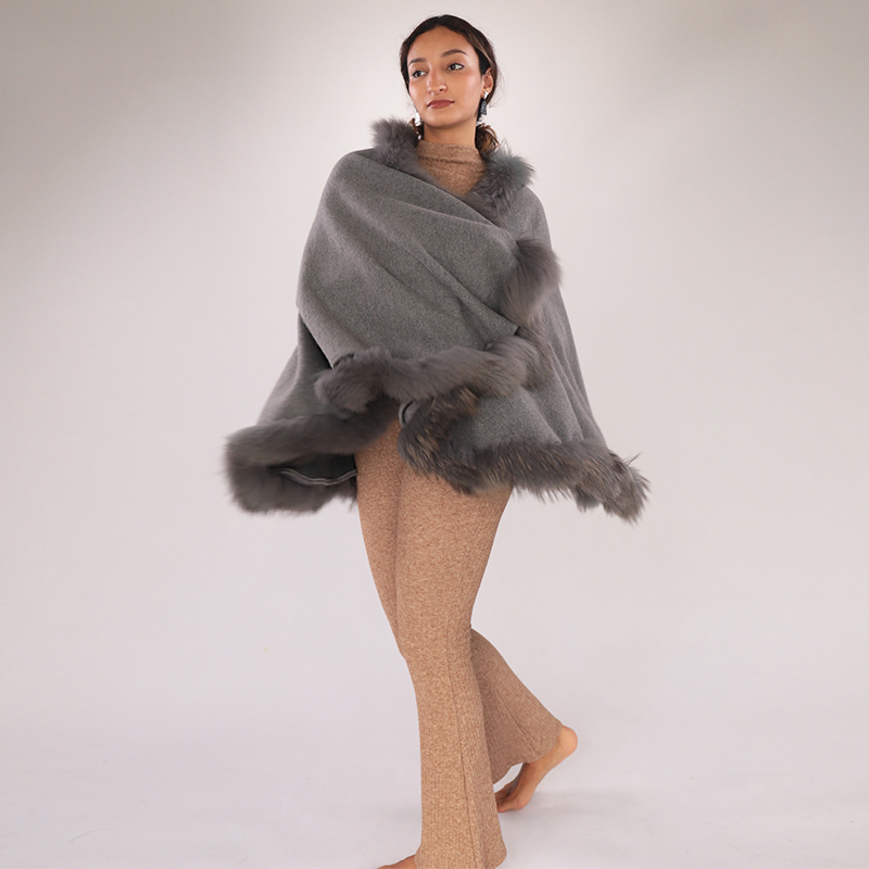 Charcoal Wool Cloak with Raccoon Fur Trim – Shawl-Style Cape — image 2