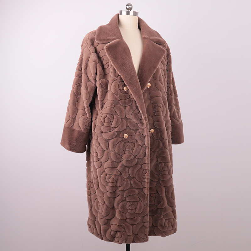 Embossed Rose Pattern Faux Fur Coat – Dusty Mauve — image 2