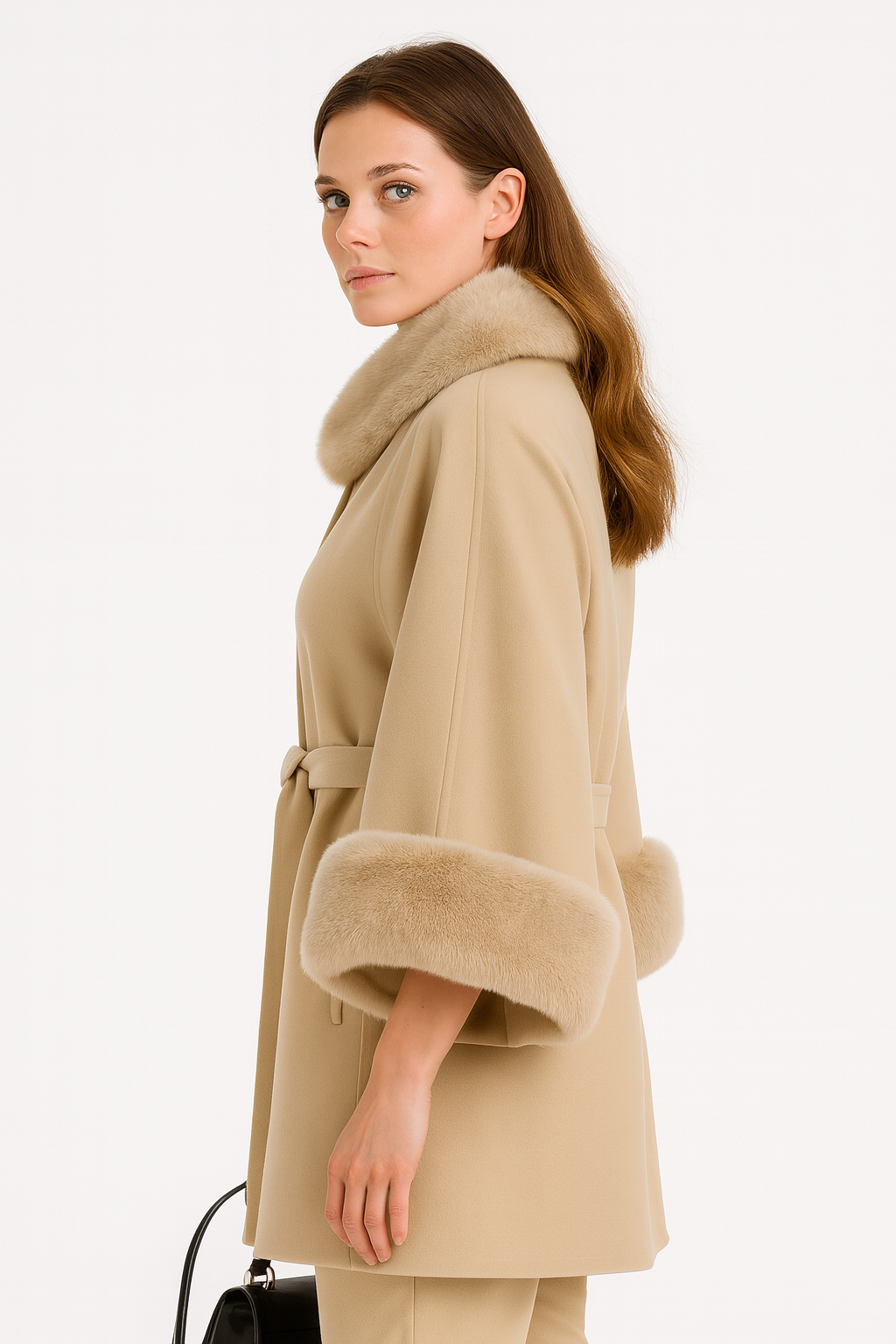 Wool Cape Coat with Fur Trim Collar & Cuffed Sleeves — image 2