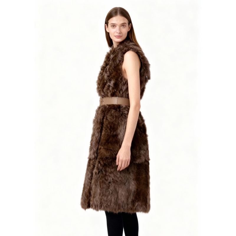 Sleeveless Real Lamb Fur Coat with Belt – Chocolate Brown — image 2