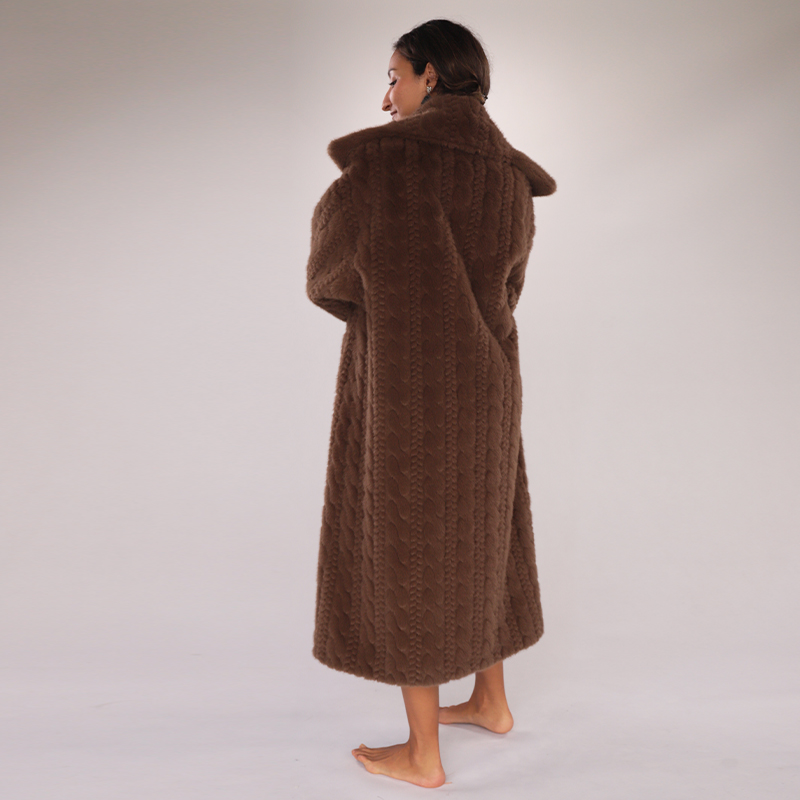 Long Chocolate Faux Fur Coat with Braided Detail — image 3
