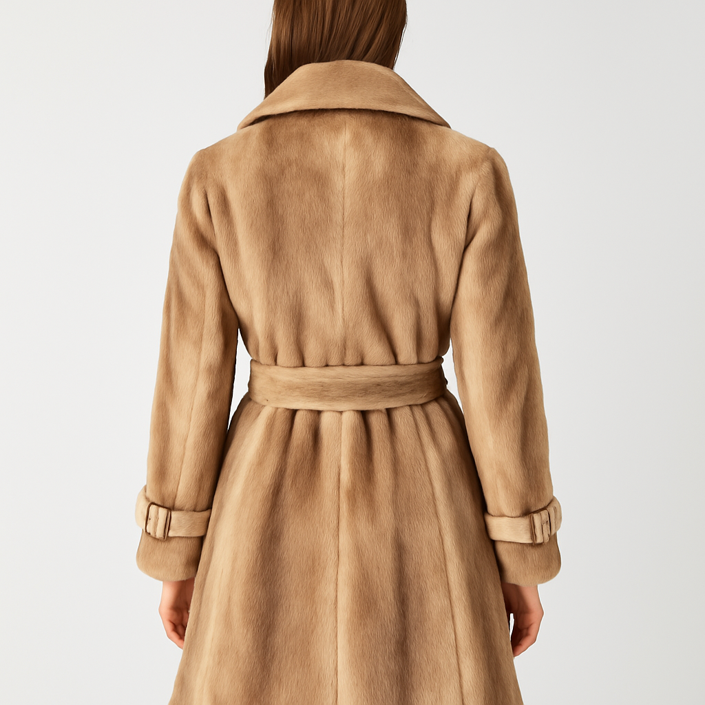 Camel Faux Fur Belted Trench Coat Office Lady OutWear — image 5