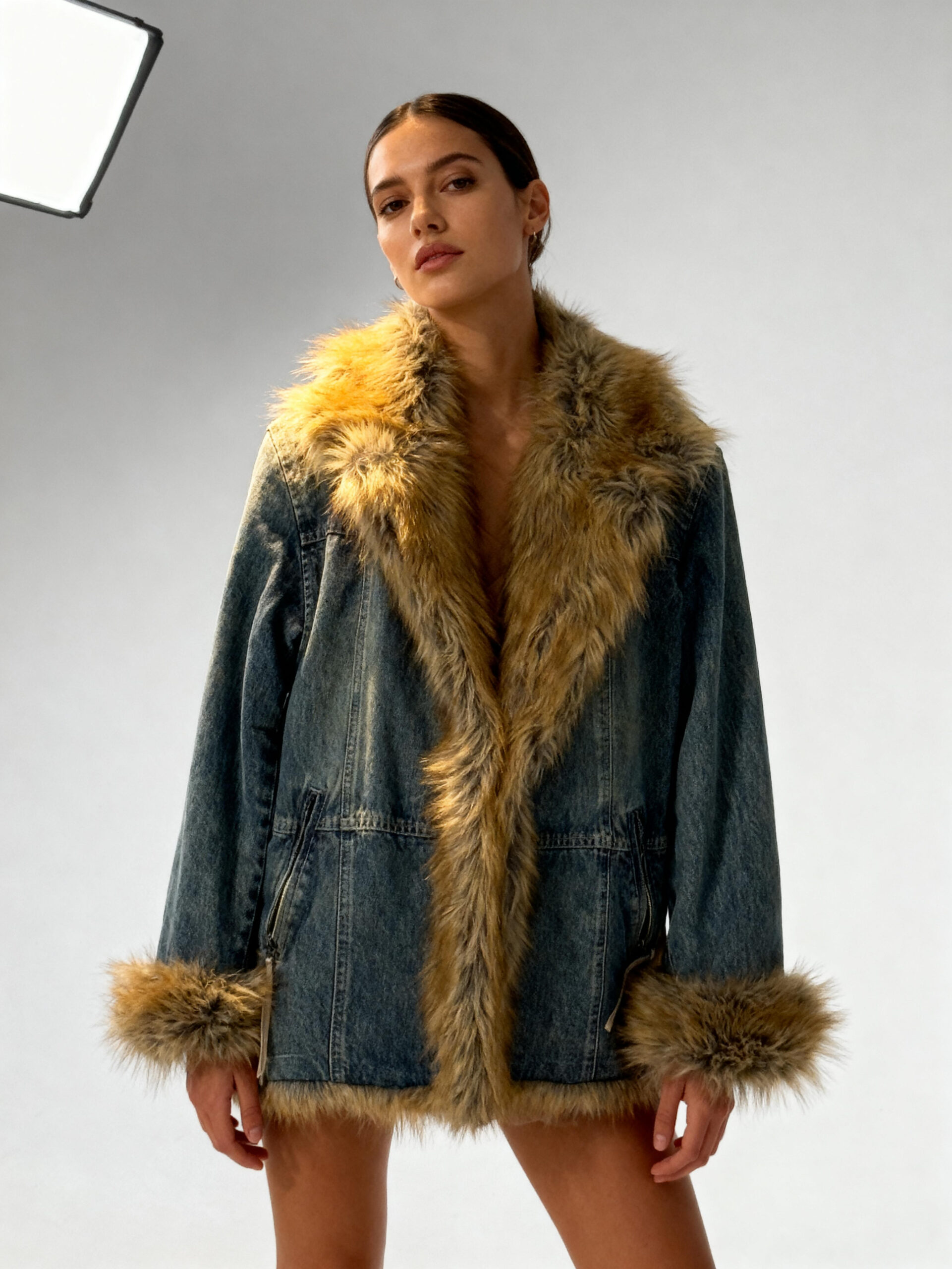 Longline Vintage Denim Jacket with Honey Faux Fur Trim