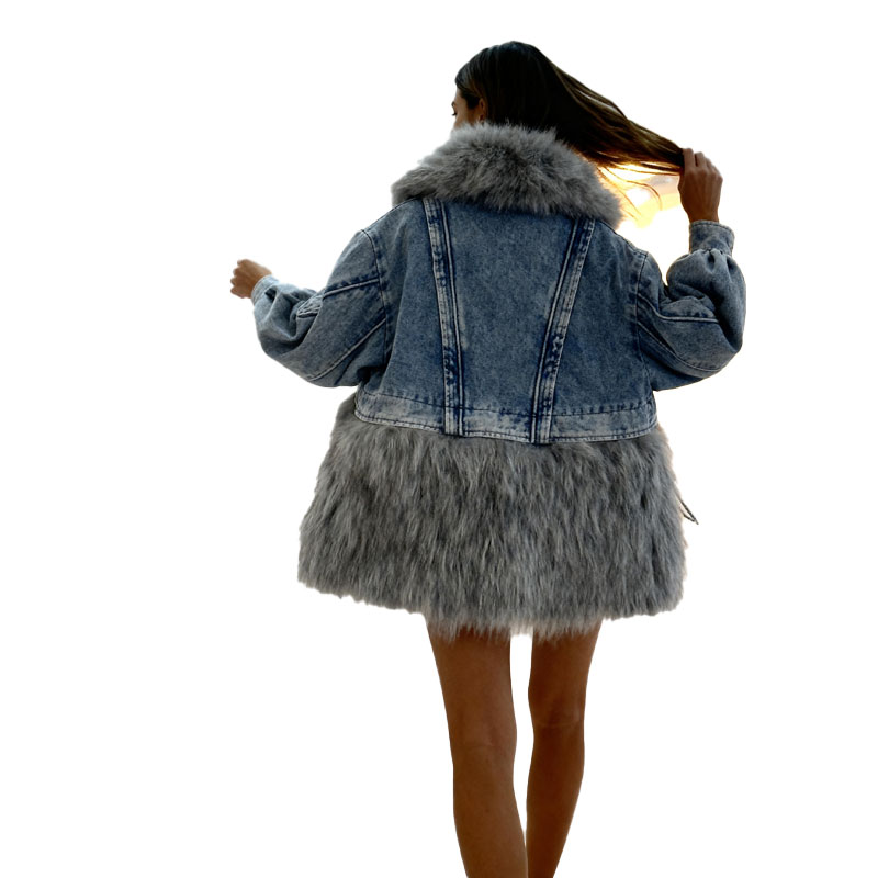 Oversized Hybrid Denim Parka with Long Grey Faux Fur — image 3