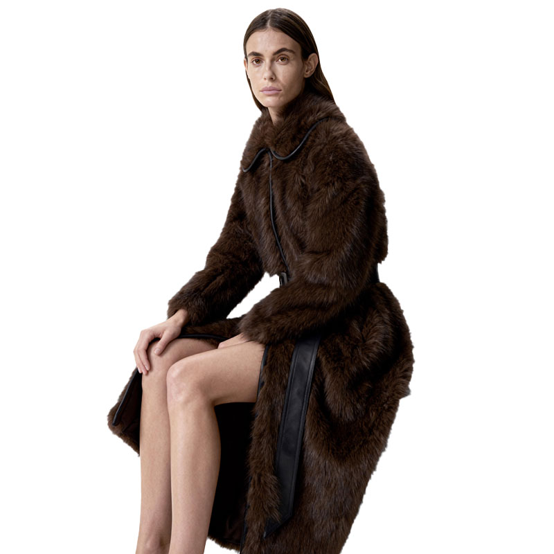 Dark Faux Mink Long Coat with Leather Trim — image 2