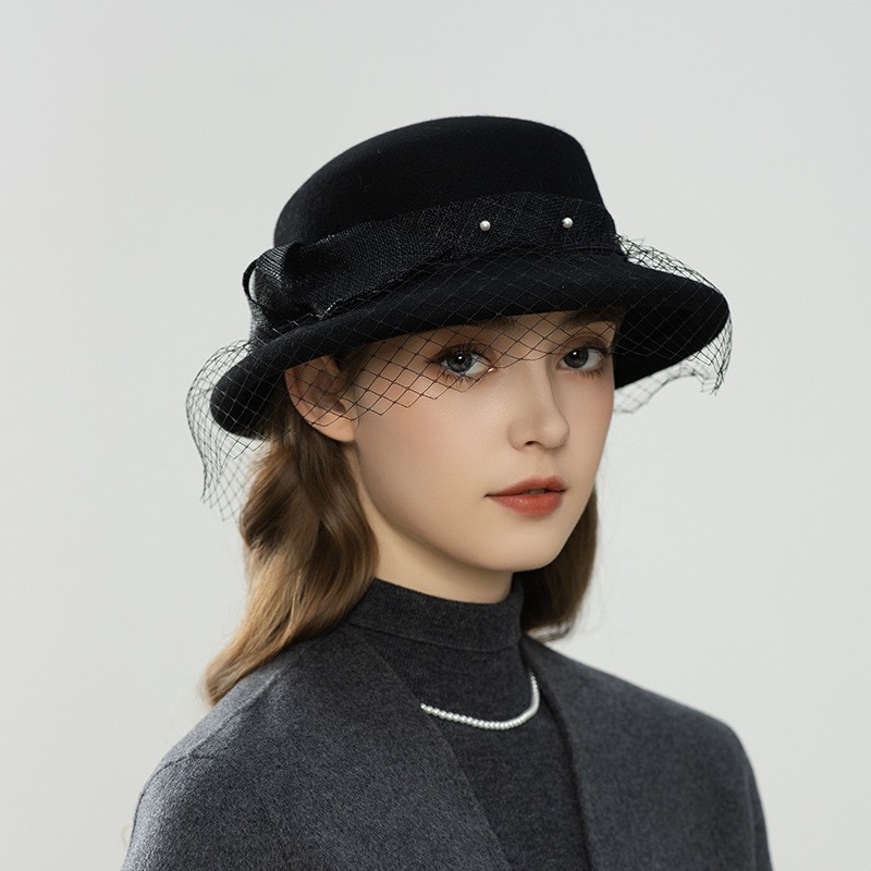 Retro Lace Wool Felt Bucket Hat with Veil Detail — image 2