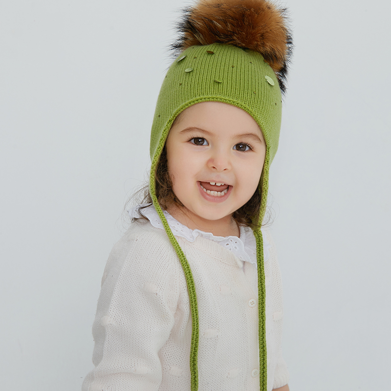 Knit Kids Earflap Hat with Genuine Raccoon Fur Pom – Winter Sparkle for Little Trendsetters — image 5