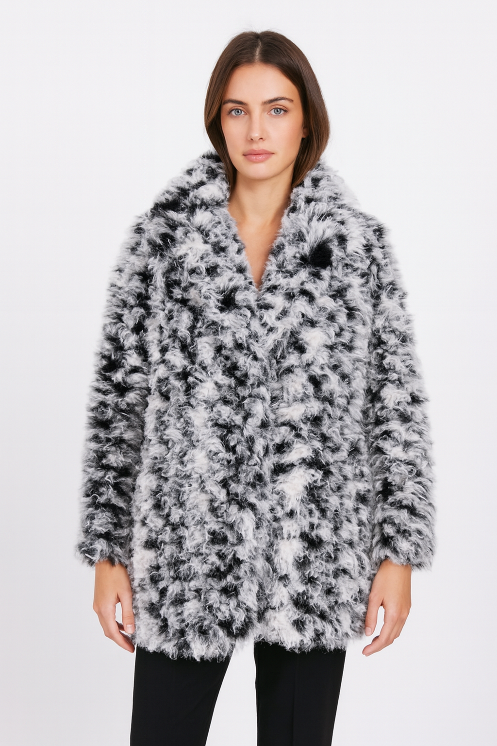 Monochrome Curly Lamb Fur Coat – Bold Winter Statement Piece