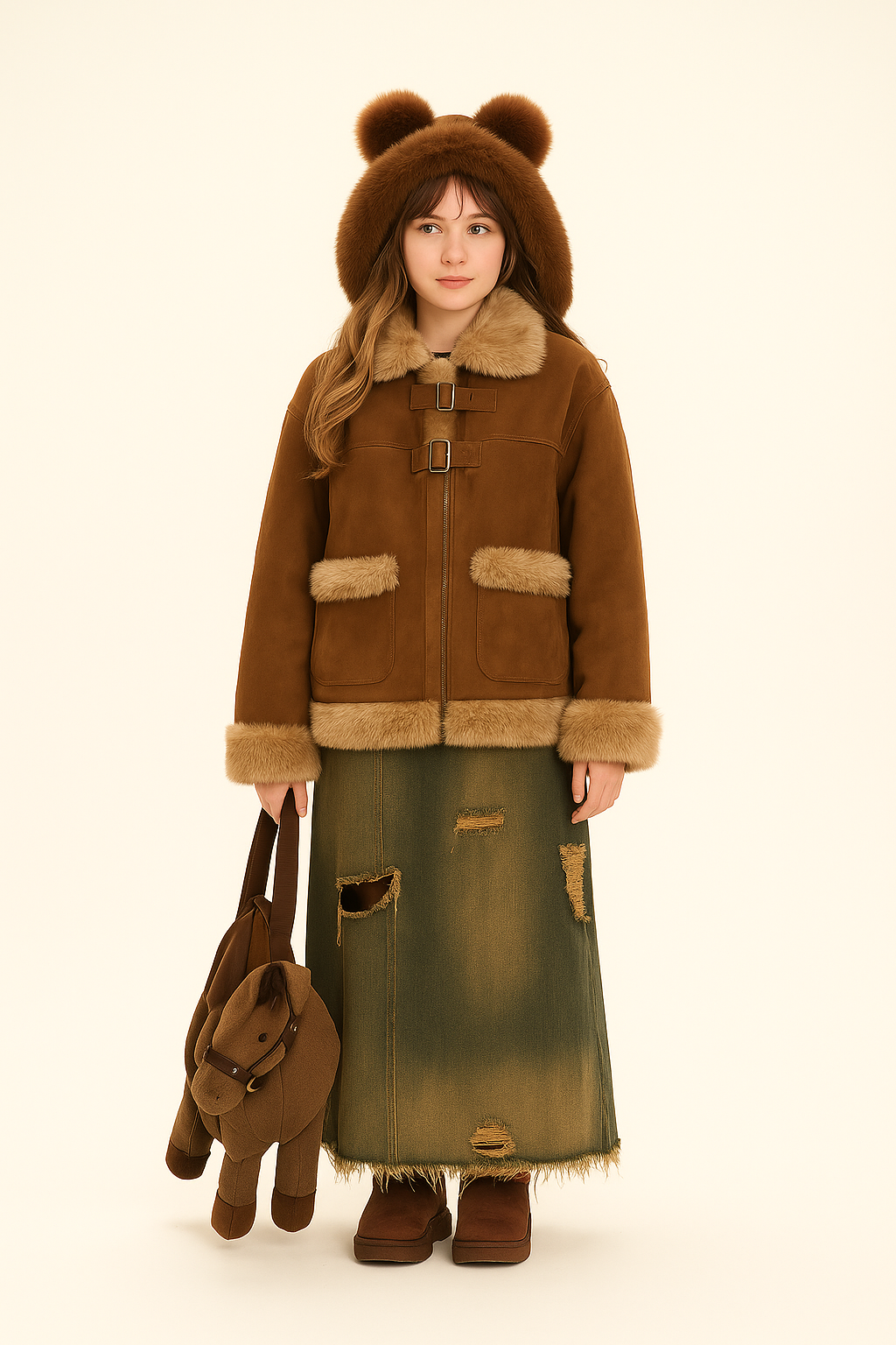 Y2K Bear Ear Fur Jacket – Brown Faux Suede Coat — image 4