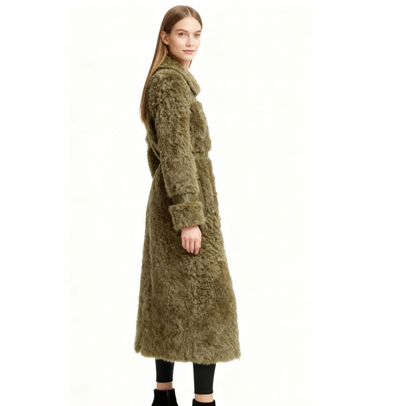 Olive Green Panelled Real Lamb Fur Maxi Coat — image 4