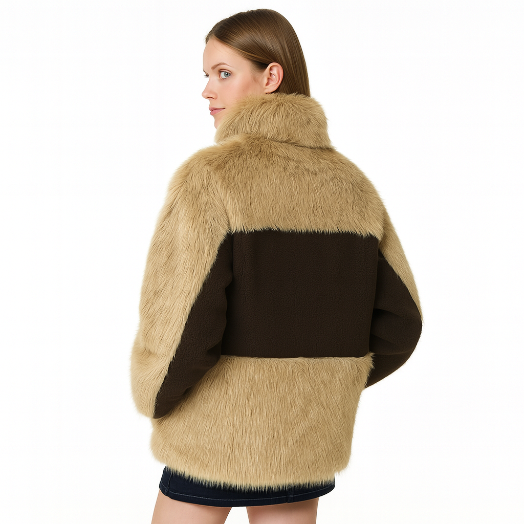 Two-Tone Faux Fur Toggle Y2K Jacket – Brown & Caramel Mix — image 3