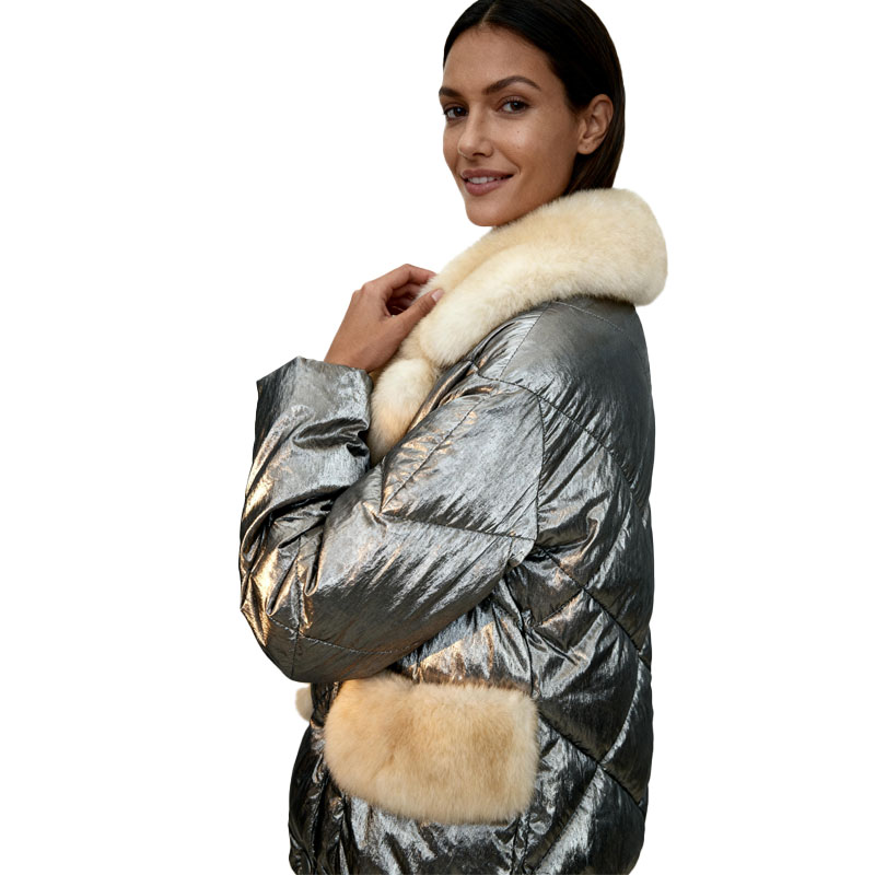 Metallic Silver Down Jacket with Cream Fox Fur Trim — image 2