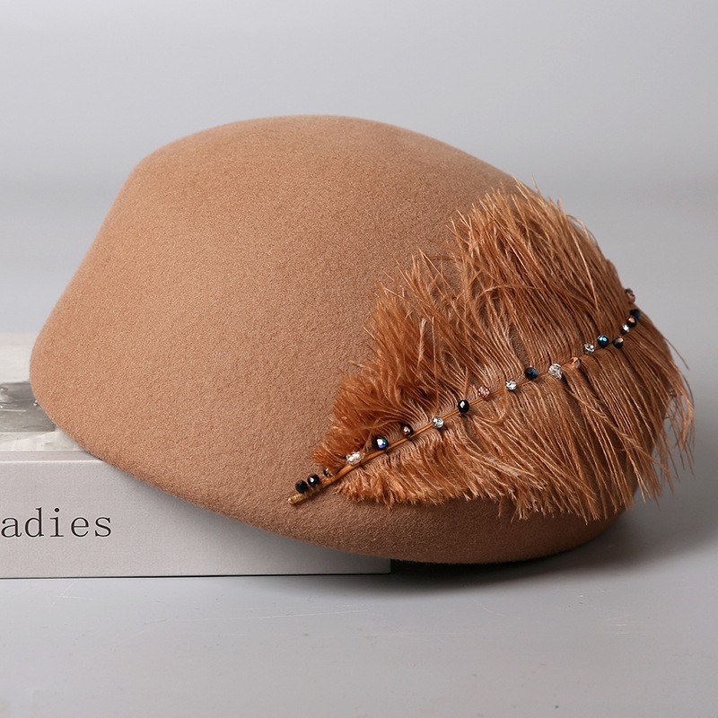 Elegant Wool Felt Cloche Hat with Feather & Gem Trim — image 3