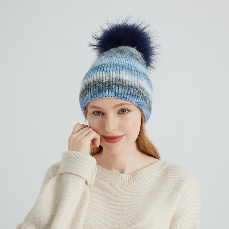 Wool Blend Angora Knit Beanie with Real Raccoon Fur Pom-Pom – Soft, Colorful, and Winter-Ready — image 3
