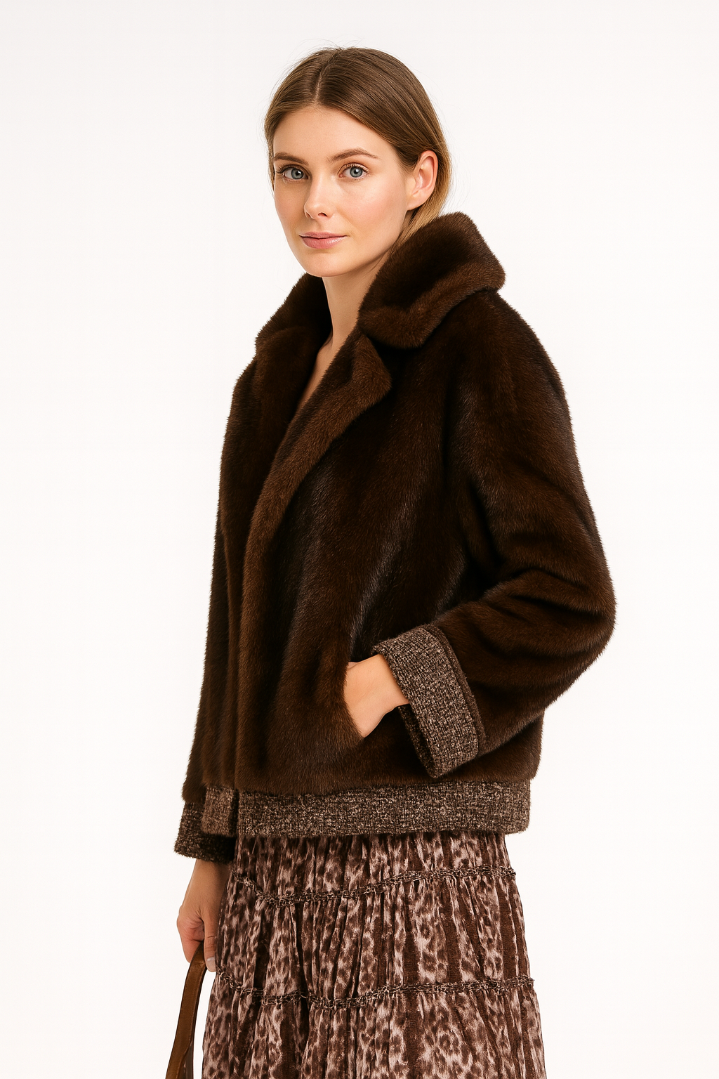 Retro Chocolate Faux Fur Coat with Tweed Trim Accents — image 4