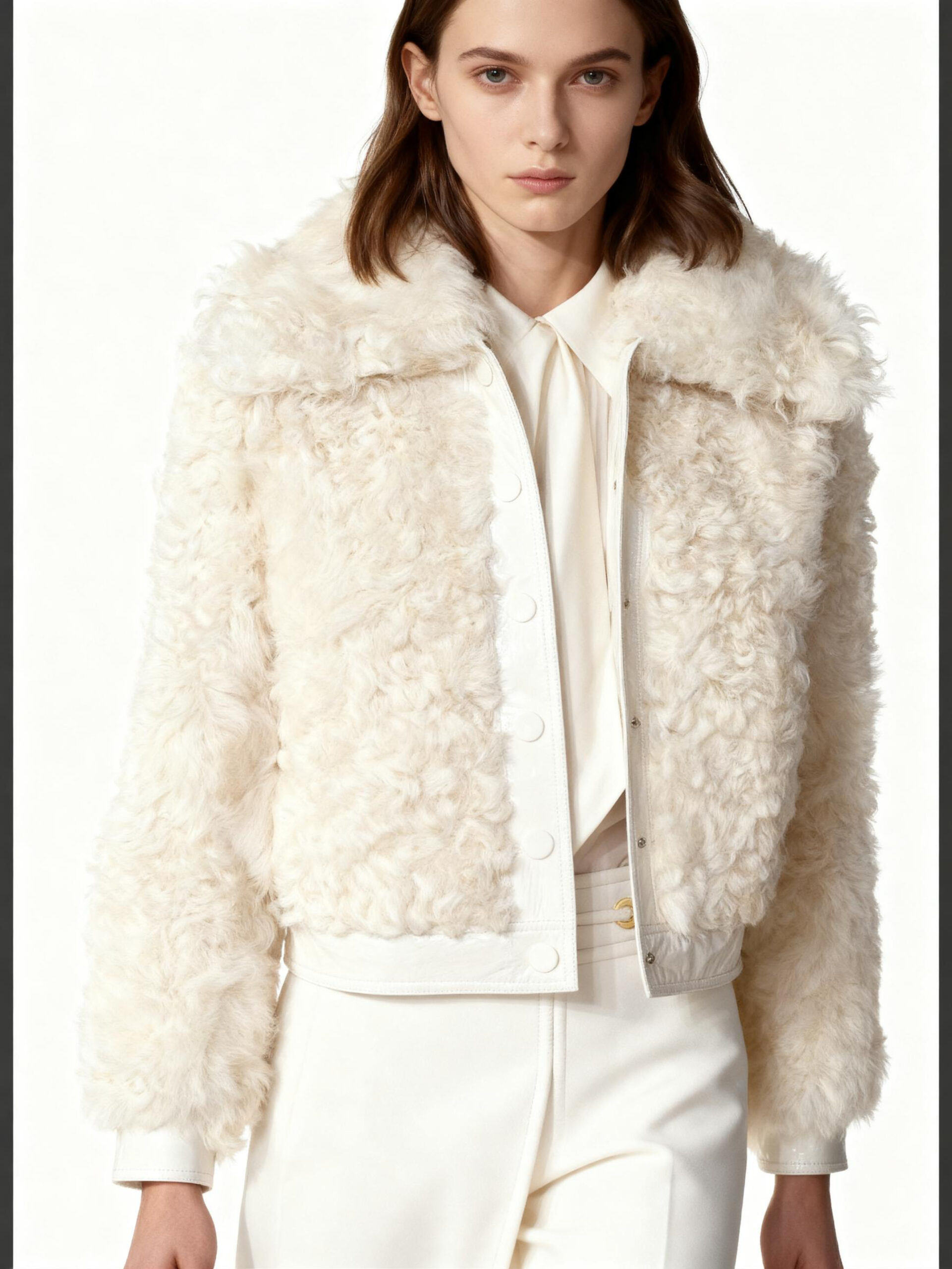 Cream Faux Shearling Cropped Jacket – Elegant Office Outerwear