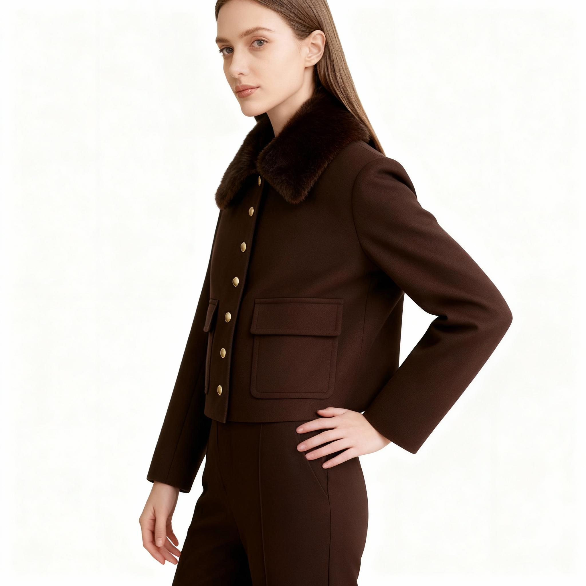 Wool Military-Style Cropped Jacket with Faux Fur Collar — image 2