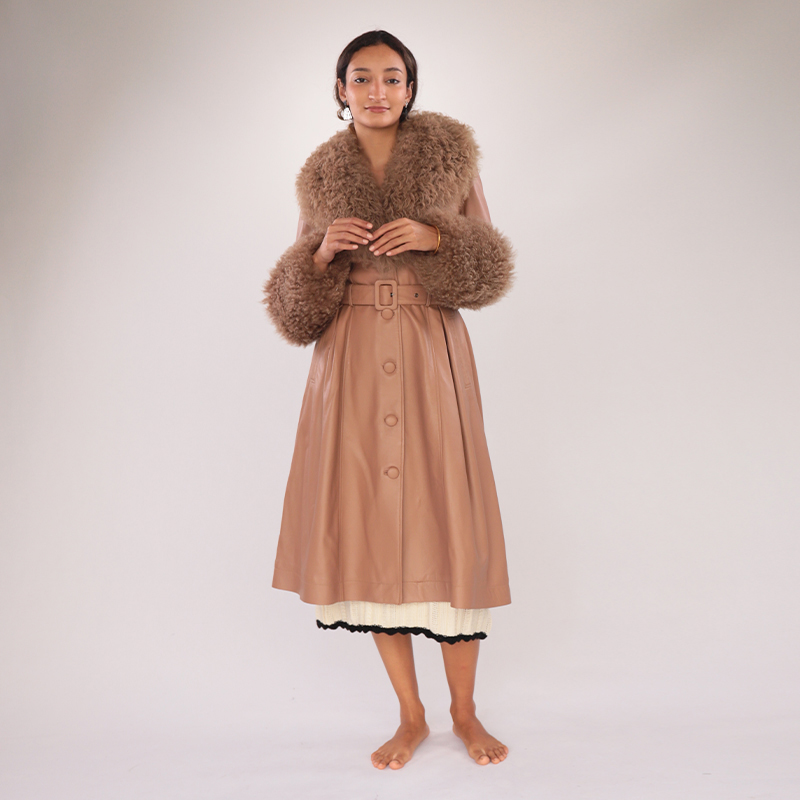 Long Real Sheepskin Trench Coat with Wool Collar & Cuffs