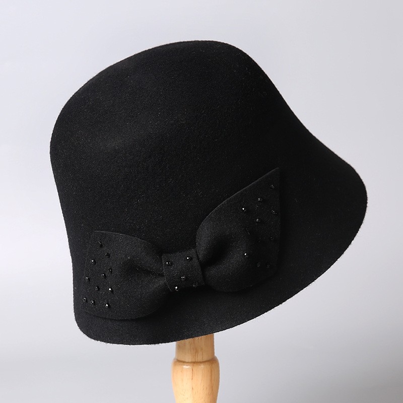 Ivory Wool Cloche Hat with Studded Bow Accent — image 4