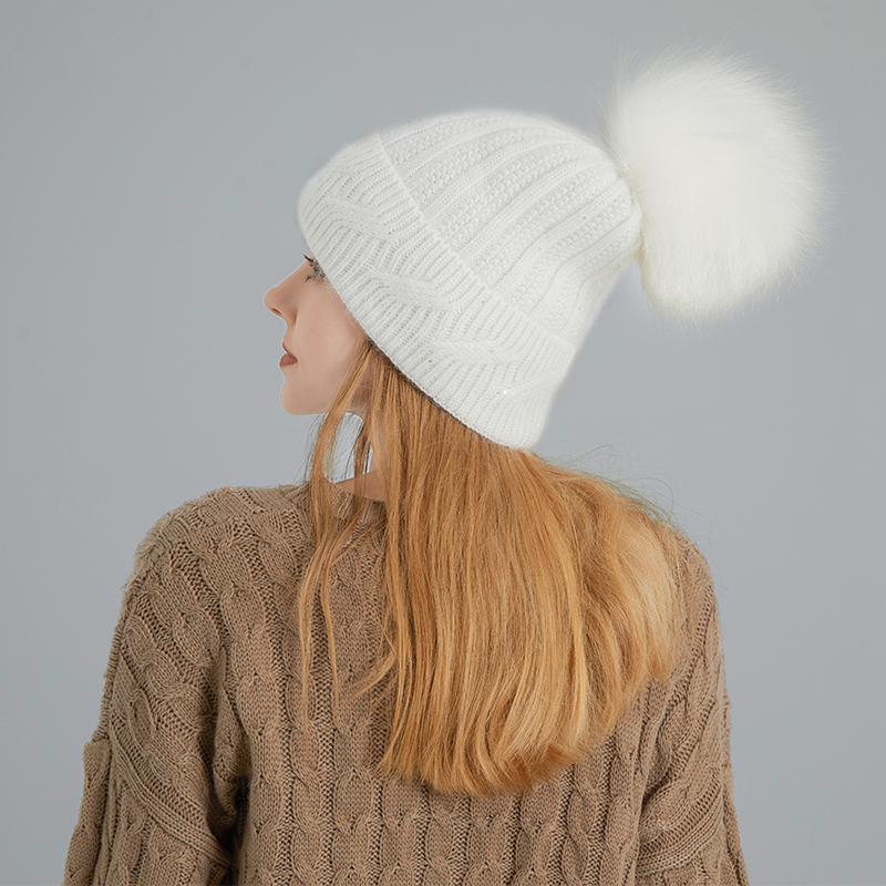 Angora Knit Beanie with Detachable Genuine Raccoon Fur Pom – Winter Elegance Redefined — image 3