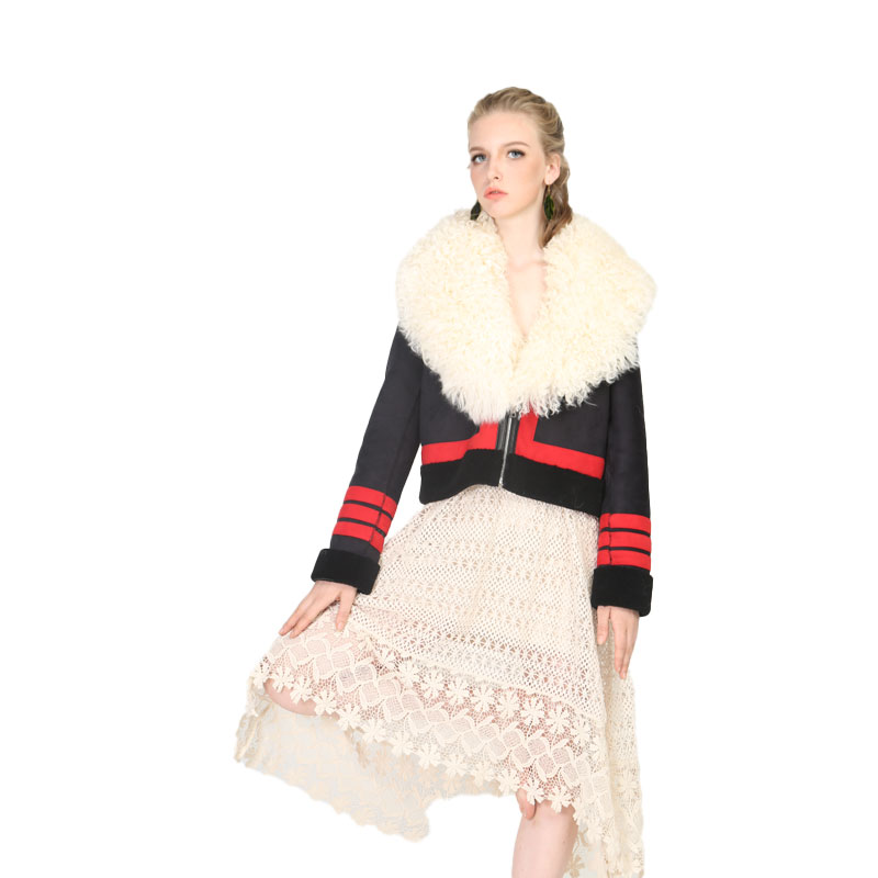 Short Aviator-Style Real Shearling Jacket with Bold Red Accents