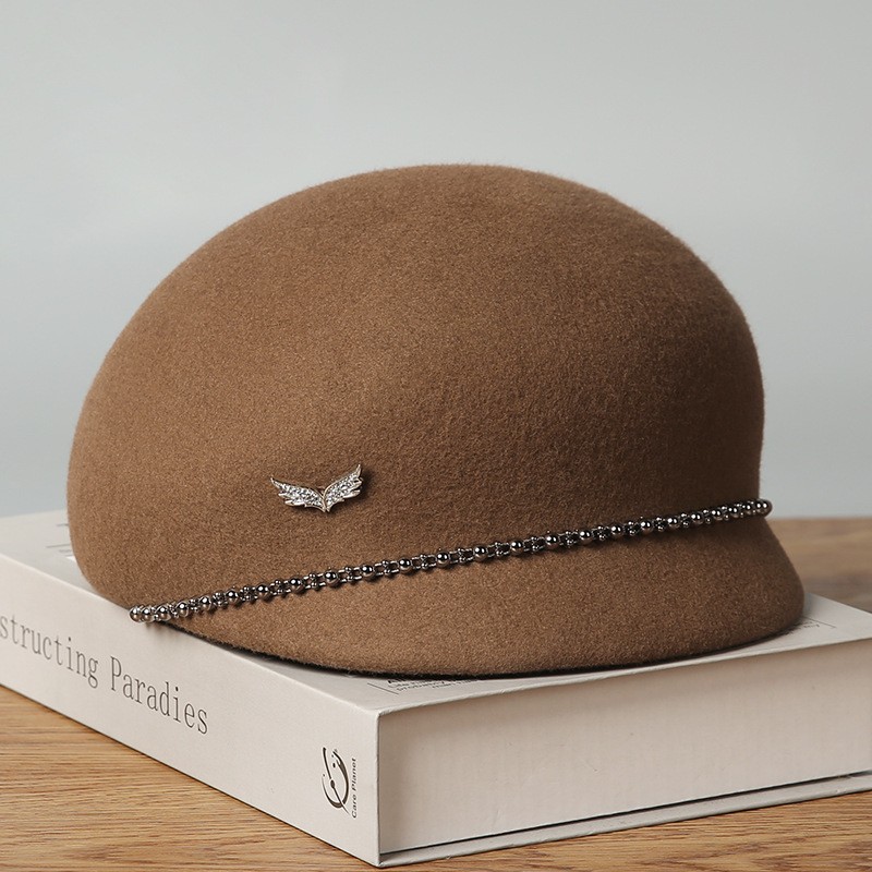 Ivory Wool Felt Baseball Beret with Crystal Chain Detail — image 3