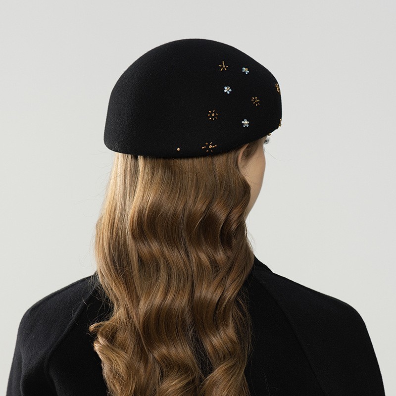 Classic Black Wool Beret with Hand-Embroidered Accents — image 2