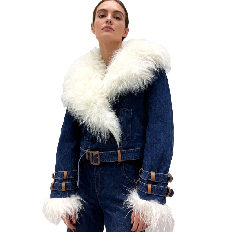 Cropped Denim Aviator Jacket with Luxe White Faux Fur Trim