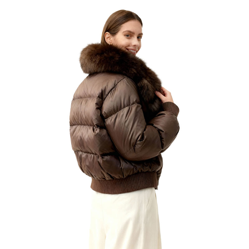 Cropped Brown Down Bomber with Rich Fox Fur Collar — image 3