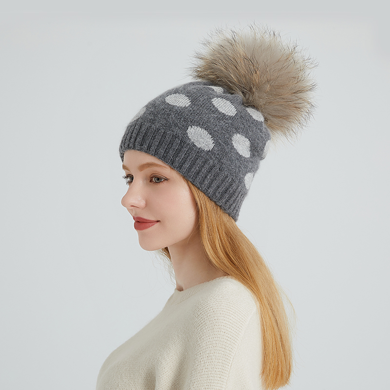 Angora Polka Dot Knit Beanie with Real Raccoon Fur Pom – Whimsy Meets Warmth — image 2