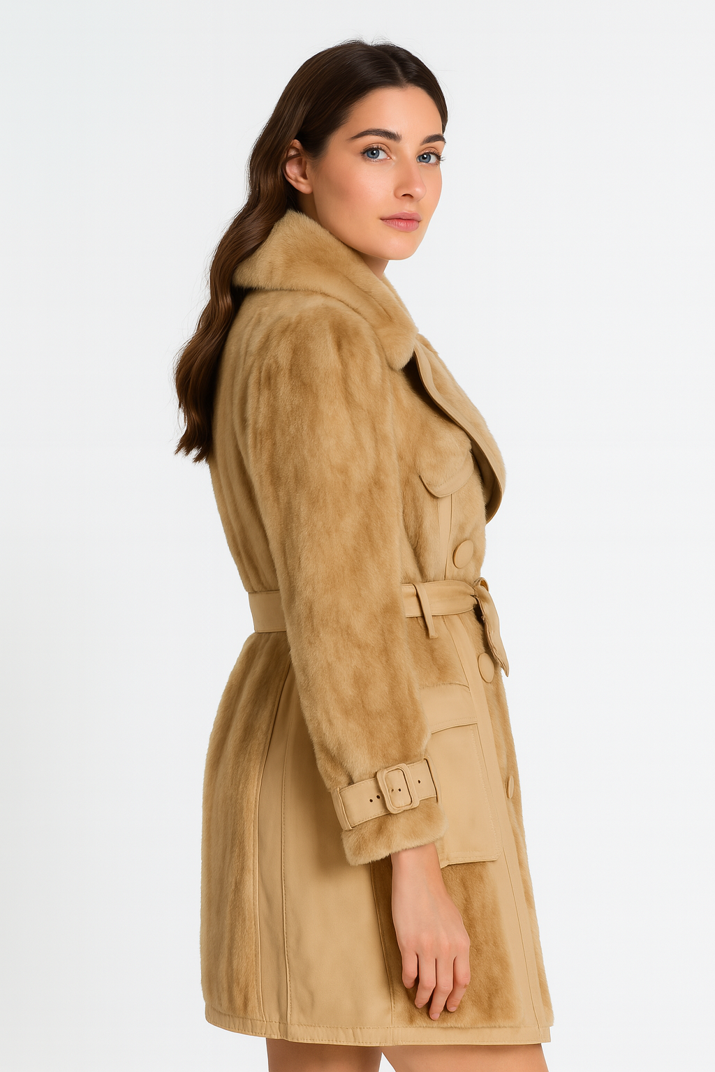 Camel Faux Fur Belted Trench Coat Office Lady OutWear — image 3