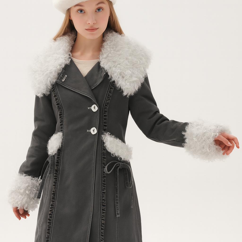 Fur Trimmed Denim Coat with Tie Waist – Y2K Winter Outerwear — image 3