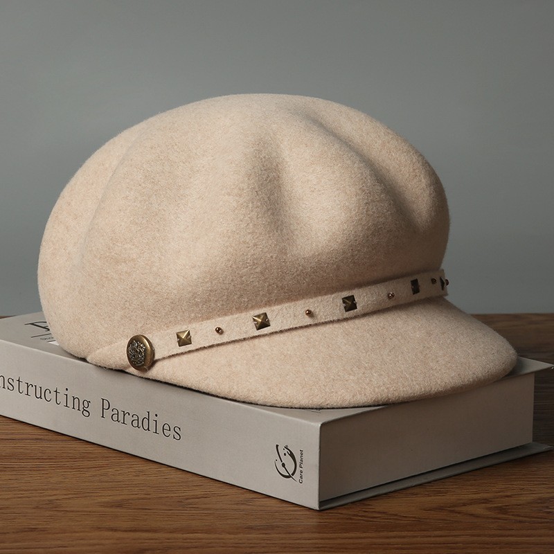 Black Wool Military Beret Cap with Gold Stud Embellishments — image 3