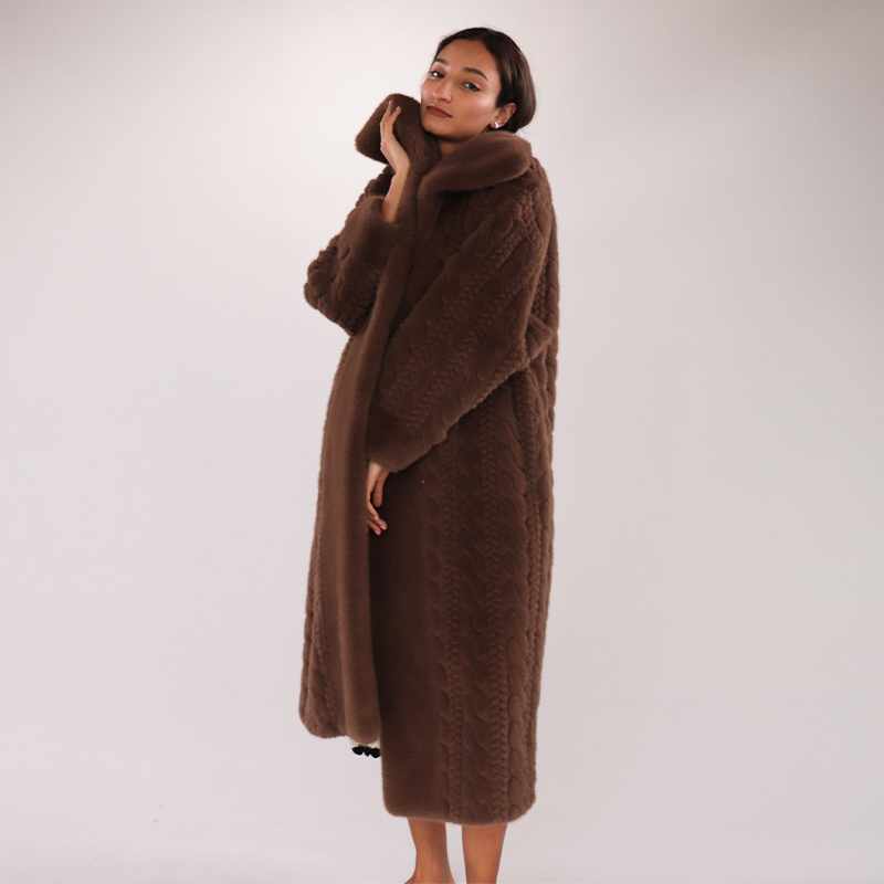 Long Chocolate Faux Fur Coat with Braided Detail — image 2