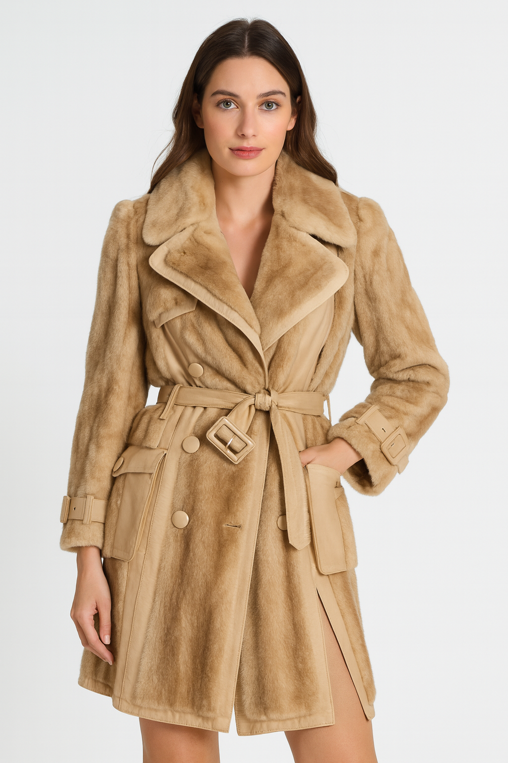Camel Faux Fur Belted Trench Coat Office Lady OutWear — image 4