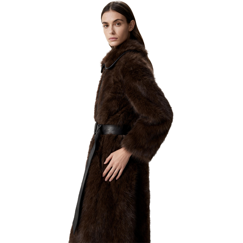 Dark Faux Mink Long Coat with Leather Trim — image 4