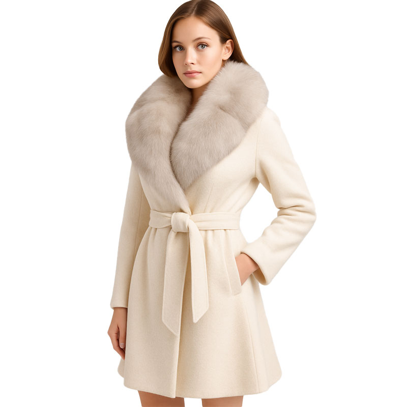 Elegant Wool Trench Coat with Plush Fox Fur Collar Trim — image 2