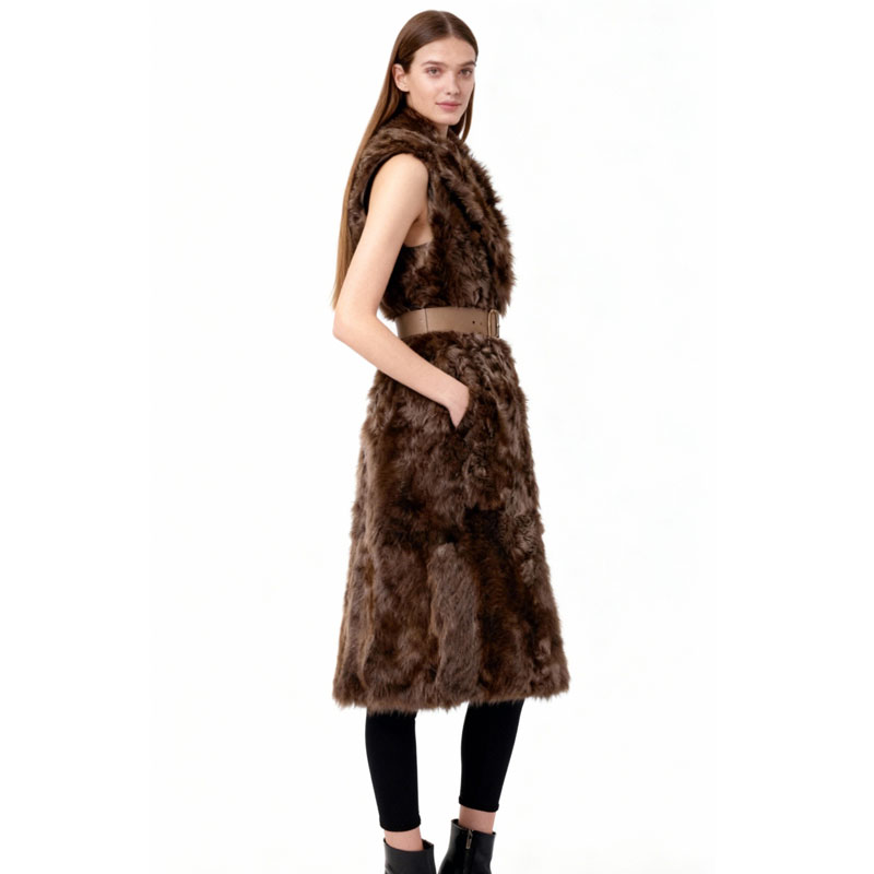 Sleeveless Real Lamb Fur Coat with Belt – Chocolate Brown — image 3