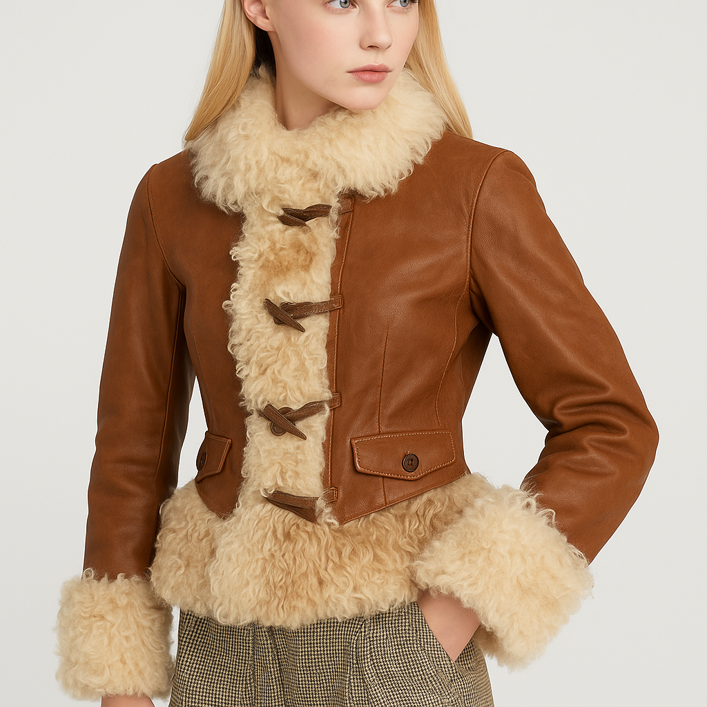 Y2K Cropped Leather Jacket with Shearling Trim & Toggle Front — image 3