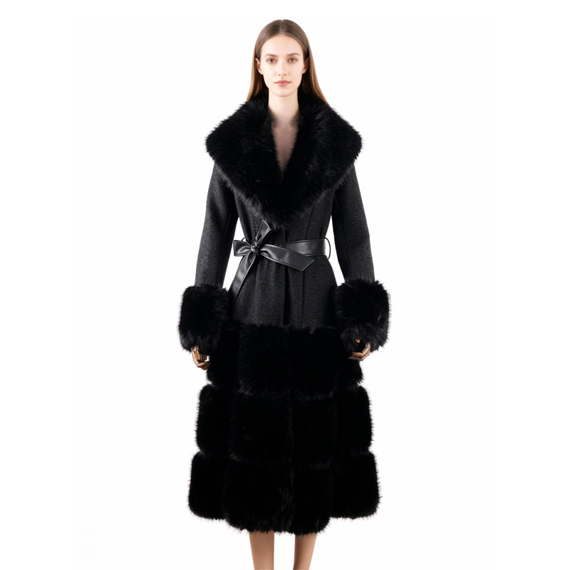 Statement Wool Coat with Faux Fur Skirt, Cuffs & Collar