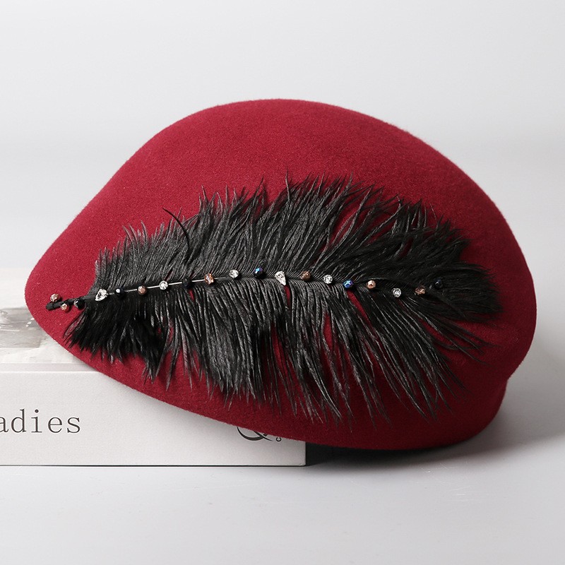 Elegant Wool Felt Cloche Hat with Feather & Gem Trim — image 2