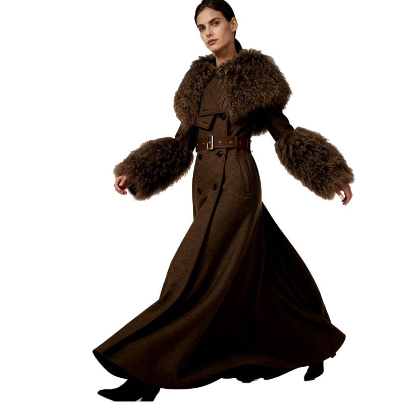 Vintage Brown Wool Trench Coat with Real Sheep Fur Accents — image 3