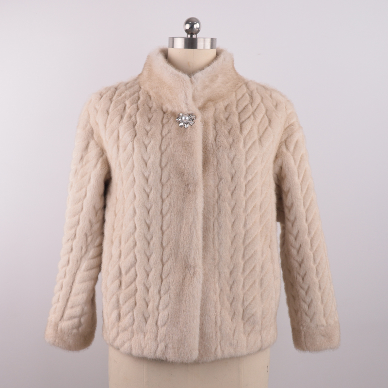 Short Ivory Faux Fur Jacket with Braided Cable Pattern — image 2